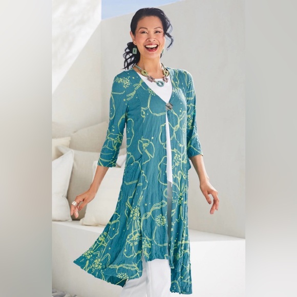 CHALET ET CECI Sweaters - NEW Chalet et Cici Cardigan Tunic Top Floral XL Blue Green Lagenlook Pockets NWT